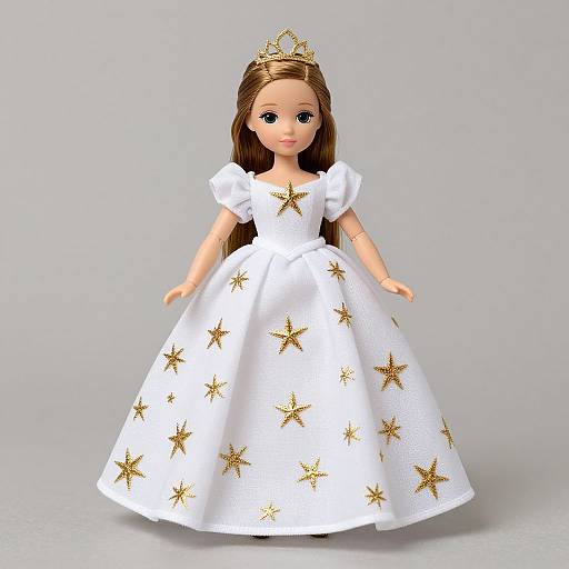 Photograph of a doll with long brown hair, wearing a white dress adorned with gold stars, and a gold tiara, standing against a plain gray
