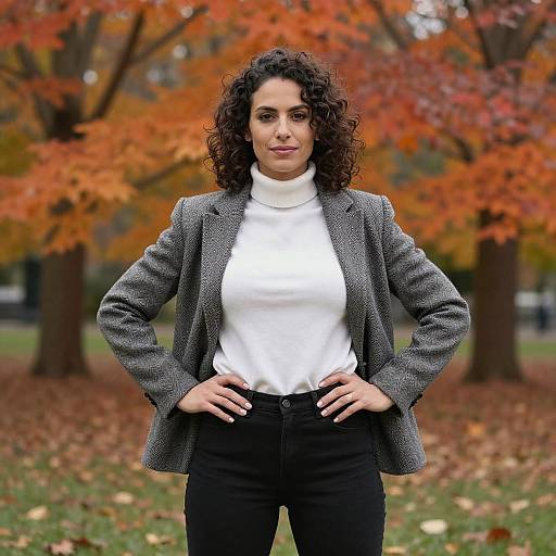 Photograph of a curly-haired woman with olive skin, wearing a gray blazer, white turtleneck, and black pants, standing confidently in an
