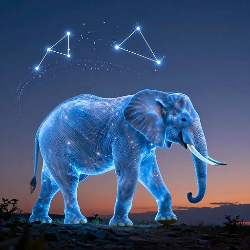 Digital illustration of a glowing blue elephant with constellation lines above, set against a twilight sky with orange and purple hues.