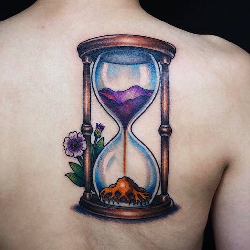 Tattoo of an hourglass with a purple mountain inside, an orange crab at the bottom, and a flower on a shirtless person's back