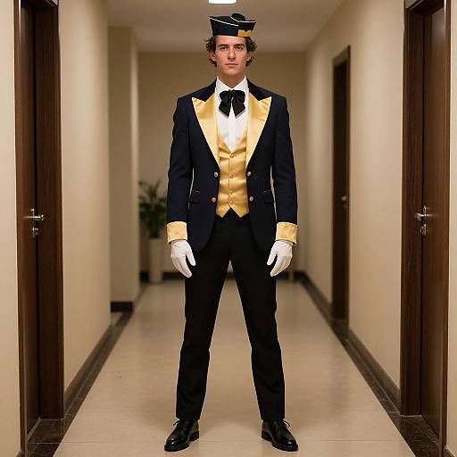 Photograph of a young man in a formal black tuxedo with gold vest, white gloves, and black bow tie, standing in a beige hallway