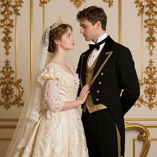 Photograph of a young Caucasian bride and groom in elegant, vintage wedding attire, standing close in an ornately decorated room.
