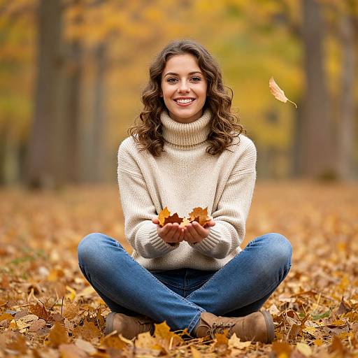 Photograph of a smiling woman with wavy brown hair, wearing a white turtleneck sweater and blue jeans, sitting cross-legged on an autumn forest