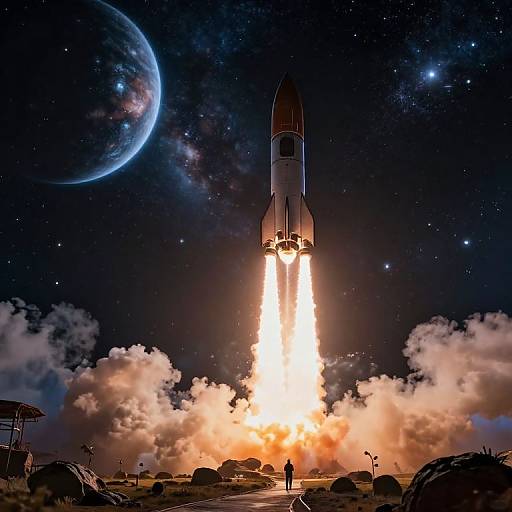 Photograph-style CGI: Rocket launch at night, bright flames, orange smoke, starry sky, large planet, silhouetted launchpad,