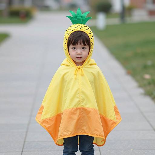 Photograph of an Asian toddler in a yellow pineapple raincoat with green leaf hood, standing on a suburban sidewalk.