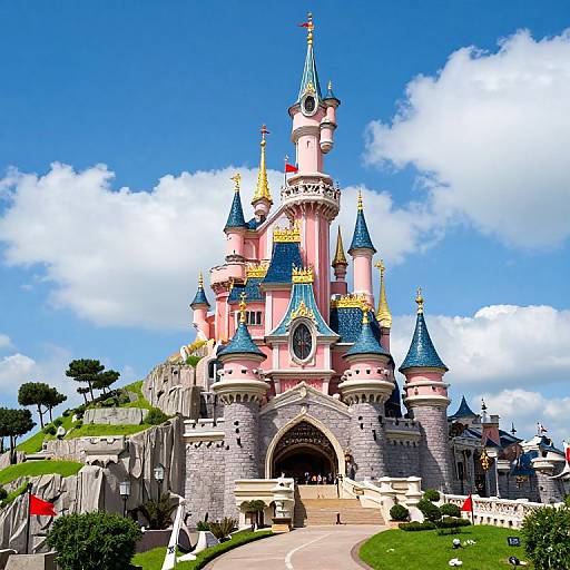 Photograph of a vibrant, pink and blue Disney-style castle with golden accents, tall spires, and a grand archway entrance, set against a