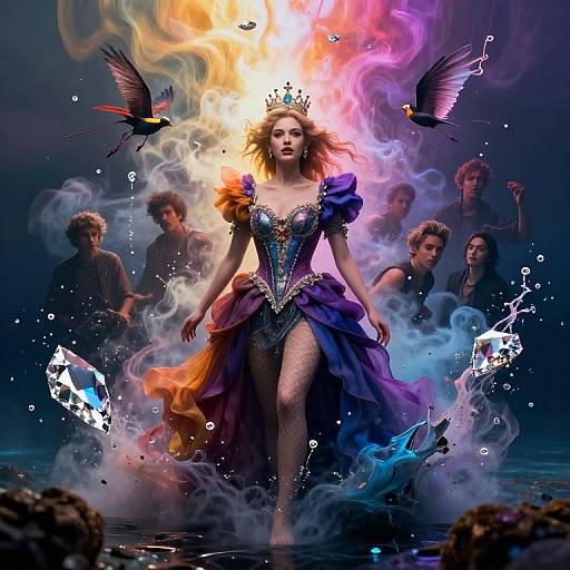 Magical queen in vibrant, multi-colored gown with crown, surrounded by swirling smoke, birds, and floating crystals, with shadowy figures in background.