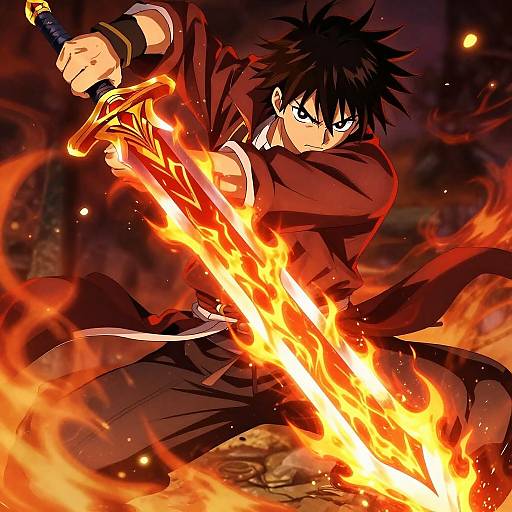 Fiery Anime Warrior with Blazing Sword
