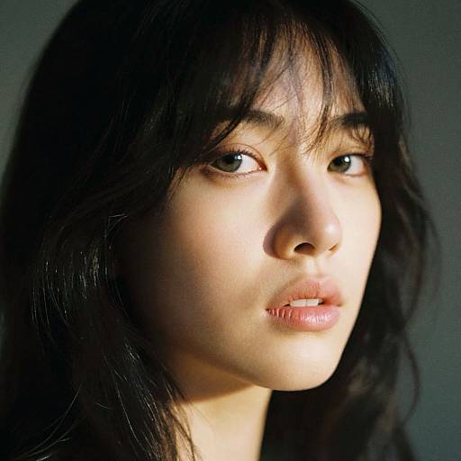 Photograph of an East Asian woman with fair skin, black wavy hair, and soft light highlighting her face, looking slightly to the side against a
