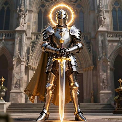 Digital artwork of a shining, armored knight with a glowing halo, holding a radiant sword in a grand Gothic cathedral.