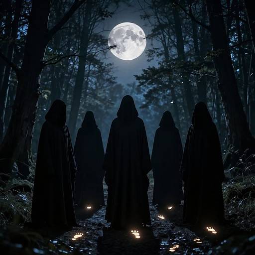 Silhouetted cloaked figures with glowing embers stand in a dark, misty forest under a bright full moon. Digital art, eerie and
