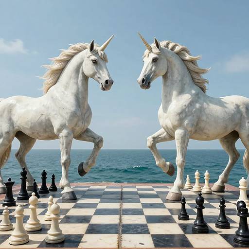Photograph of two white unicorns with flowing manes, rearing on a checkered chessboard by a sunny ocean, with black and white chess