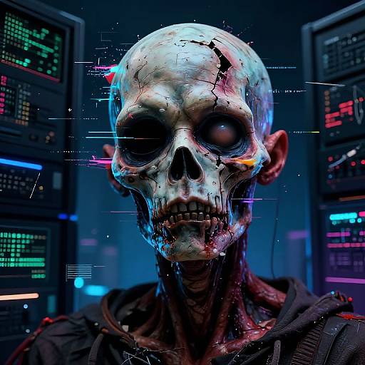 CGI digital art of a cybernetic skull-headed figure with glowing blue and white hues, surrounded by glowing computer screens. Dark, futuristic background.