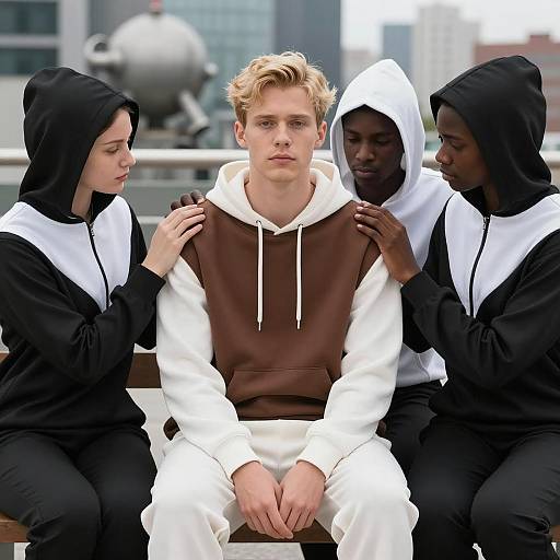 Blond Man Surrounded by Mysterious Figures