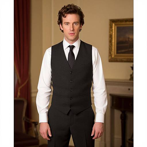 Photograph of a handsome young man with short, curly brown hair, wearing a black vest, white shirt, and black tie, standing in a formal