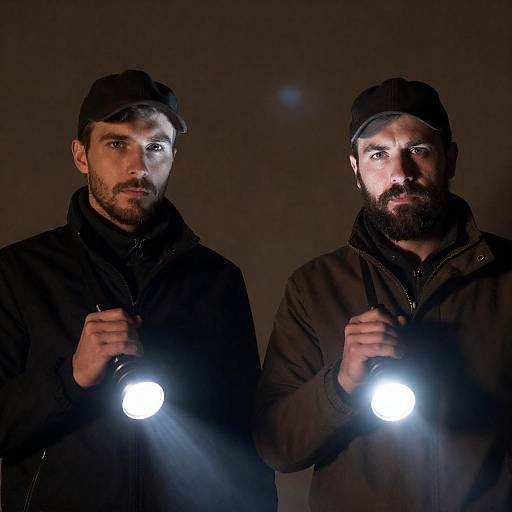 Rugged Men With Flashlights, Intense Gaze