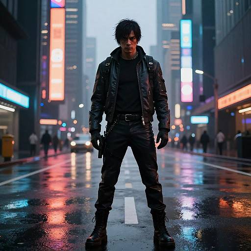 Photograph of a dark-haired man in a black leather jacket and pants standing in a neon-lit, rainy urban street at night, with blurred city