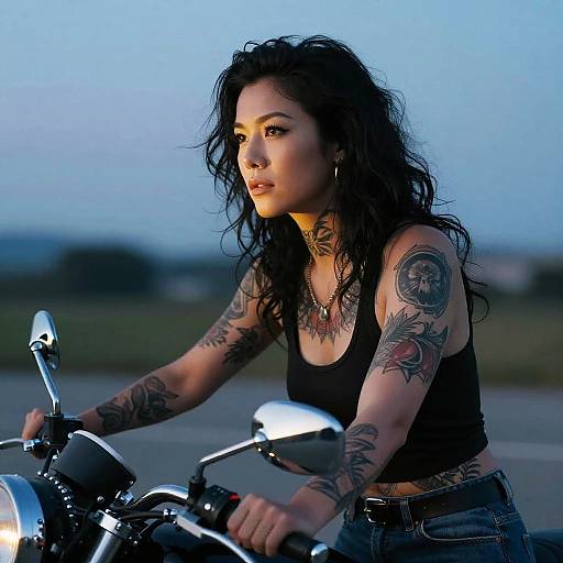 Tattooed woman with long black hair, wearing a black tank top and jeans, riding a motorcycle at twilight. Blue sky background. Photographic