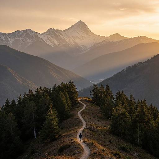 Photograph of a hiker on a winding path leading to snow-capped mountains at sunset, with forested valleys and golden light.