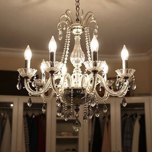 Ornate crystal chandelier with five lit candles, hanging in a dimly lit room with open closet doors in the background.