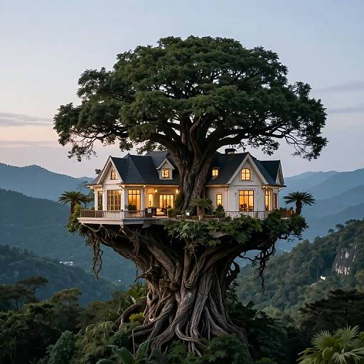 Photograph of a whimsical, white, wooden house with lit windows, nestled high in a large, gnarled tree amidst lush, mountainous