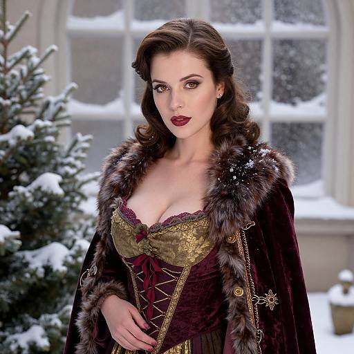 Photograph of a fair-skinned woman with dark brown hair in a vintage fur-trimmed black cape over a gold and maroon corset,