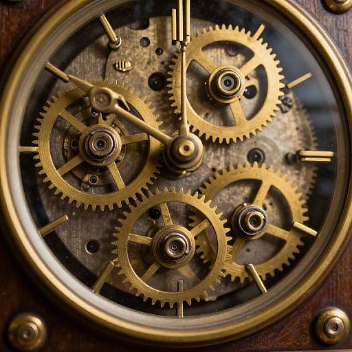 Close-up photograph of intricate brass clock gears and cogs, highlighting interlocking toothed wheels and golden hands against a dark, textured background.