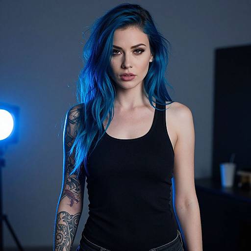 Photograph of a pale-skinned woman with blue-dyed hair, wearing a black tank top, showcasing a detailed tattoo sleeve, standing under blue