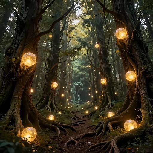 Photograph of a mystical forest with glowing, orb-like lights hanging from tall trees, leading to a dimly lit, ethereal figure in the background
