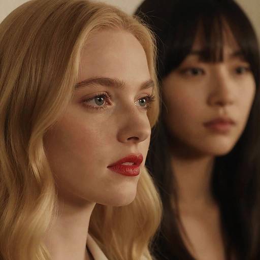 Photograph of two women, front woman with blonde hair, red lipstick, fair skin; background woman with black hair, bangs, slightly blurred.