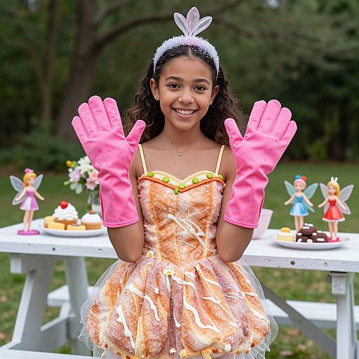 Photograph of a young girl with dark skin and curly hair, wearing a sparkly orange fairy dress, pink gloves, and headband, smiling outdoors