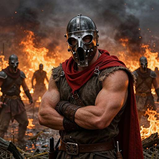 Photograph of a muscular gladiator with a metal skull mask, red cape, and fur vest, standing confidently in front of a blazing fire, with