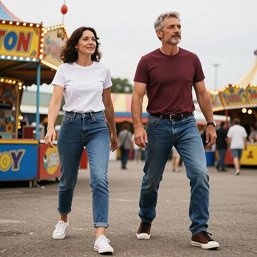 Photograph of a smiling brunette woman in a white t-shirt and blue jeans, walking beside a gray-haired man in a maroon t-shirt and blue