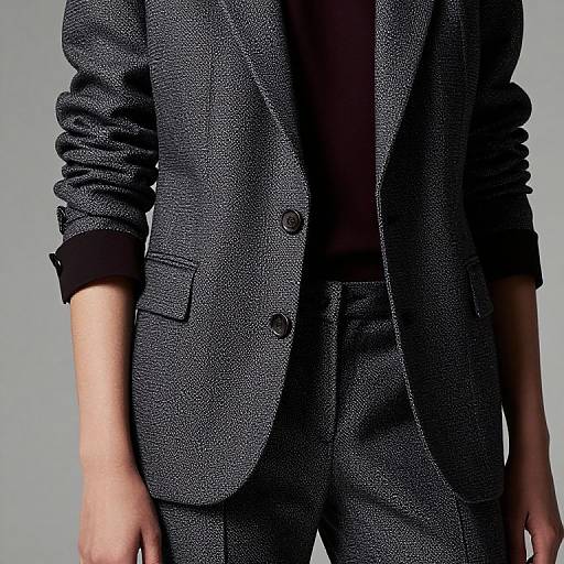 Photograph of a person wearing a textured, dark gray, herringbone suit with black buttons, black shirt, and matching pants, against a plain