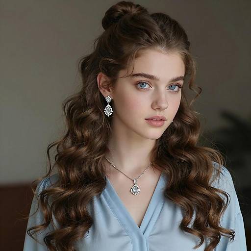 Young Woman with Long Curly Hair and Jewelry
