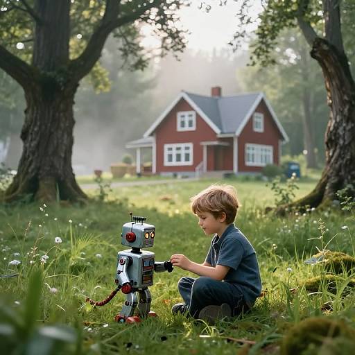 Photograph of a young boy with brown hair, sitting on grass, repairing a silver robot in a sunlit, misty forest clearing, with a