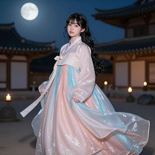 Photograph of a young Asian woman with long black hair, wearing a shimmering white and blue hanbok, standing under a moonlit night sky