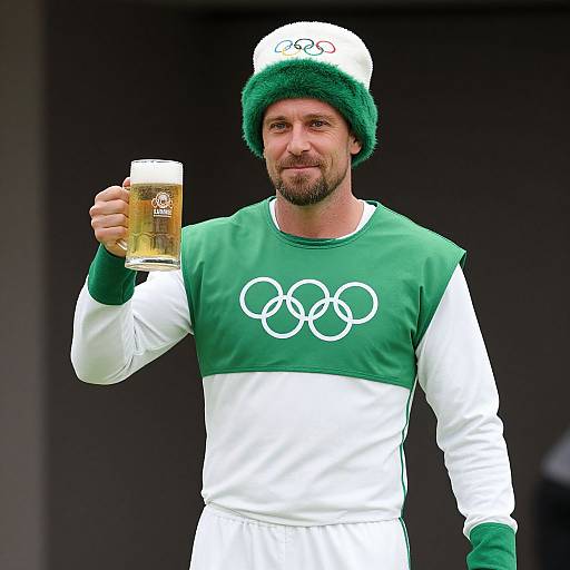 Photograph of a bearded man in green and white Olympic-themed Irish soccer jersey, green hat, holding a frothy beer, smiling.