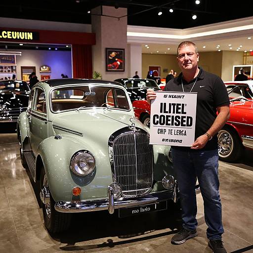 Photograph of a middle-aged man with short hair, wearing a black polo shirt and jeans, standing beside a mint-green classic car, holding a 