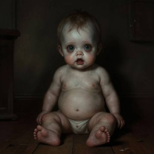 Digital painting of a pale, chubby, wide-eyed baby with dark hair, sitting on a wooden floor in dim light, wearing only a diaper.
