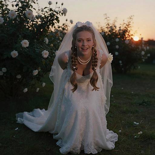Photograph of a smiling young bride with long braids, white lace dress, and veil, standing in a rose garden at sunset.