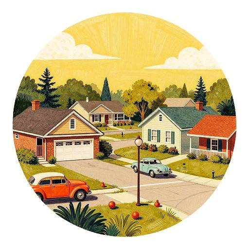 Colorful, vintage-style illustration of a suburban neighborhood with red and green houses, a red car, blue car, and yellow sunset sky.