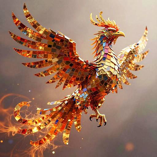 Photograph of a fiery, mosaic-tiled phoenix in mid-flight, with vibrant red, orange, and gold tiles, against a glowing, ethereal