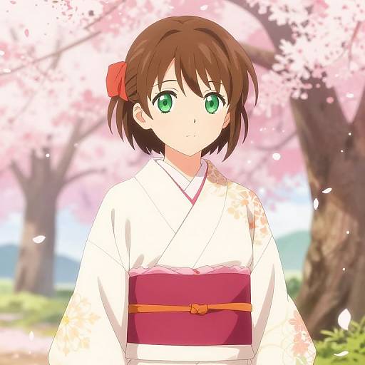 Anime-style digital drawing of a young girl with green eyes, brown bob-cut hair, and a red hairpin, wearing a white kimono with a