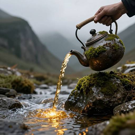 Ancient Moss-Covered Teapot Pouring Tea