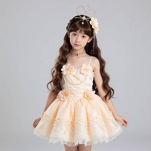 Asian girl in a light peach, lace-trimmed, sleeveless dress with floral accents, long wavy brown hair, heart-shaped tiara,