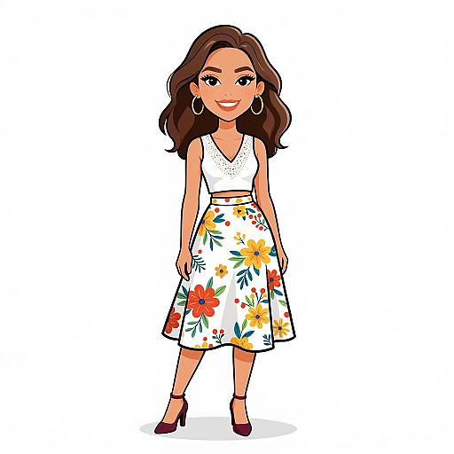 Cartoon-style illustration of a smiling woman with brown hair, wearing a white crop top and floral skirt, hoop earrings, and dark heels.