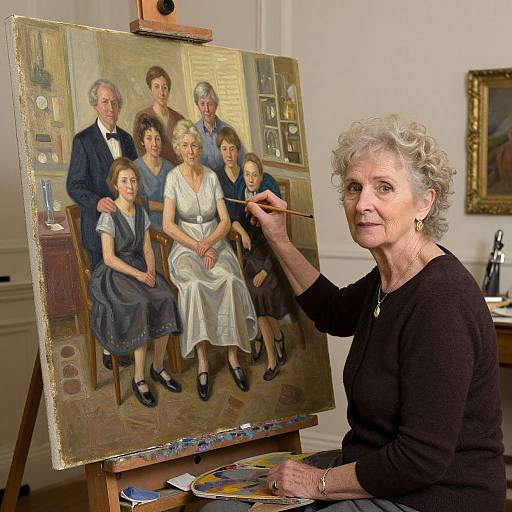 Photograph of elderly woman with curly gray hair, painting realistic portrait of family on canvas, wearing black sweater, holding brush, in elegant room.
