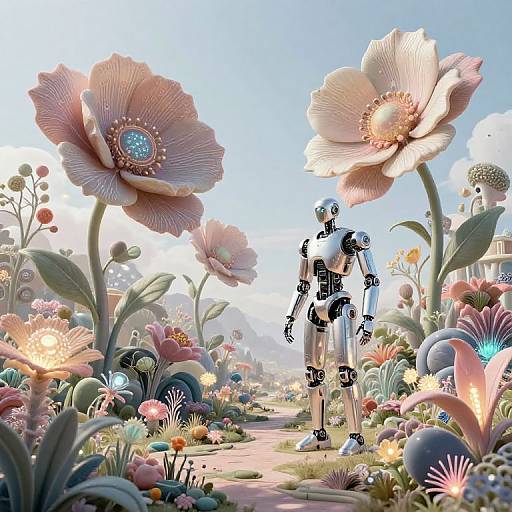 CGI image of a robotic figure standing in a vibrant, surreal garden with gigantic pink and white flowers, colorful blooms, and glowing lights under a bright