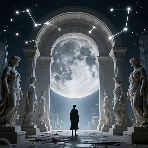Surreal Moonlit Archway with Statues